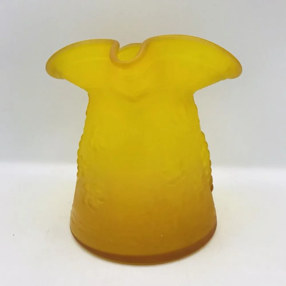 Vintage 1970s MCM Amber Art Glass Pitcher Vase Grapes Leaves Gold Yellow 6 1/2